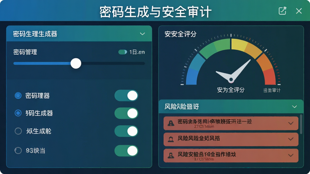 密码管理专家密码生成器与安全审计面板,画面左侧是密码生成器滑块与选项开关,右侧是安全评分仪表盘与风险提示列表,界面采用蓝绿配色,文字标注
