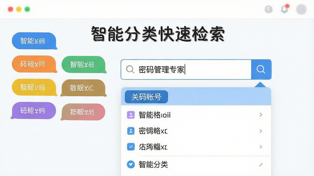 密码管理专家智能分类检索界面,画面展示多个彩色分类标签与搜索框,搜索框内输入关键词后下方立即弹出匹配的账号列表,界面风格简洁明快,文字标注