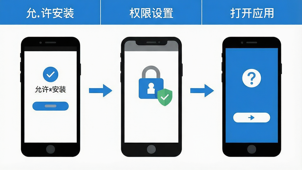一张展示手机应用安装与设置流程的示意图,画面分为三个步骤区域,分别显示“允许安装”“权限设置”“打开应用”的图标和简短文字,整体风格为扁平化信息图,配色以蓝白灰为主,布局横向排列,细节清晰,画质高清,画面干净无多余元素