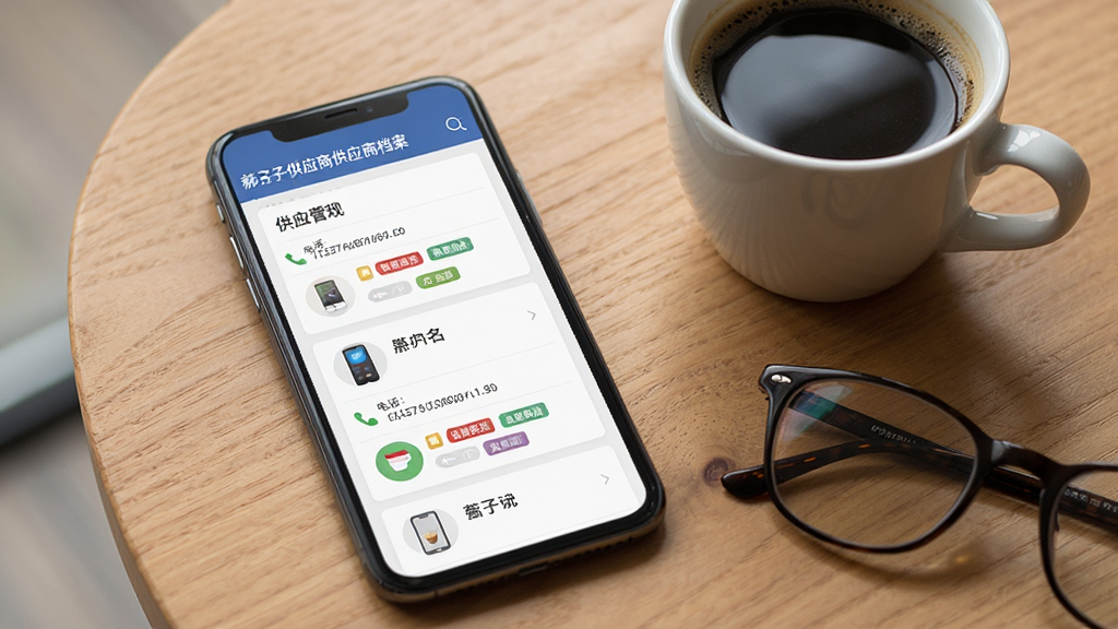 一部手机展示“郝日子供应商”的供应商档案页面,页面中排列着多个供应商卡片,包含名称、电话图标、供货类别标签,手机旁边放着一杯咖啡和一副眼镜,背景为木质桌面,整体风格为写实产品摄影,布局整洁,光线柔和,画质高清,画面干净无多余元素