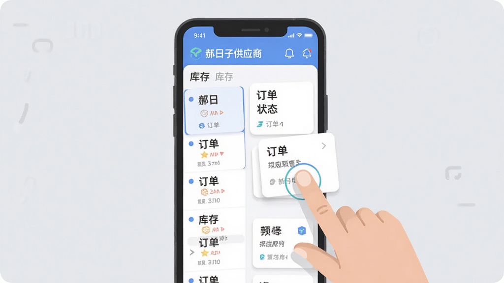 一张展示“郝日子供应商”应用界面的手机截图风格插画,画面中手机屏幕显示库存列表和订单状态卡片,屏幕旁边有手指点击的示意动作,背景为浅灰色,整体风格为扁平化UI展示,布局简洁,细节清晰,画质高清,画面干净无多余元素