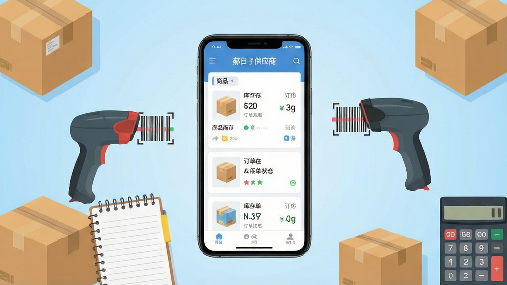 一张展示手机供应链管理应用的场景图,画面中央是一部竖屏智能手机,屏幕上显示“郝日子供应商”的应用界面,包含商品列表、库存数字、订单状态等模块,手机周围环绕着纸箱、条形码扫描枪、记事本、计算器等商务元素,背景为浅蓝色渐变,整体布局居中对称,风格为扁平化商务插画,细节干净清晰,画质高清,画面整洁无多余元素