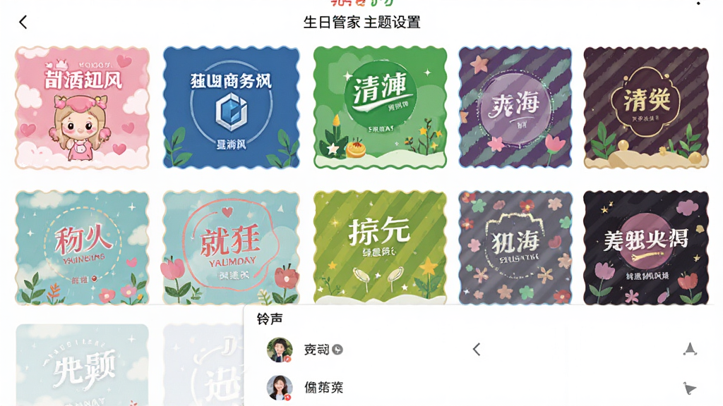 ���չܼҸ��Ի��������ý��棬����չʾ�ֻ���Ļ�������Ŷ����ͬ������������ͼ��������ɫ�ɰ��硢��ɫ����硢��ɫ���·�ȣ���Ļ�·�������ѡ���б������ֲ�������״���У����Ϊ��ƽ��UIչʾ�磬ϸ����ÿ����������ͼɫ���������������������ʸ��壬�޶���Ԫ��