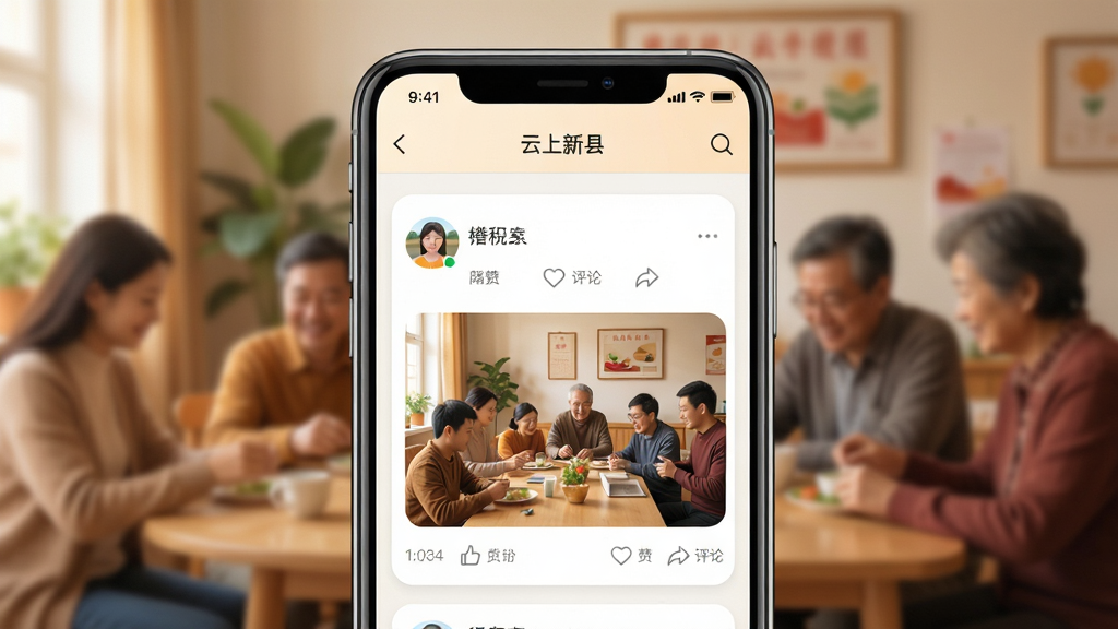 手机屏幕展示“云上新县”社区页面,信息流中展示用户发布的图文帖子,配有头像、昵称、点赞和评论图标。背景为温馨的社区生活场景虚化图,主体为手机界面。风格为社交应用UI,色调温暖。细节上帖子卡片圆角、图标精致,画质清晰,画面干净,无多余元素。