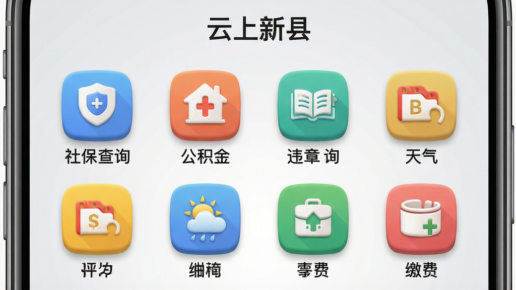 手机界面截图,展示“云上新县”便民服务页面,网格状排列着社保查询、公积金、违章查询、天气、缴费等彩色图标。背景为淡灰色渐变,图标带有立体感。风格为简洁明快的扁平化设计,色调柔和。细节上图标辨识度高、间距均匀,画质清晰,画面干净,无多余元素。