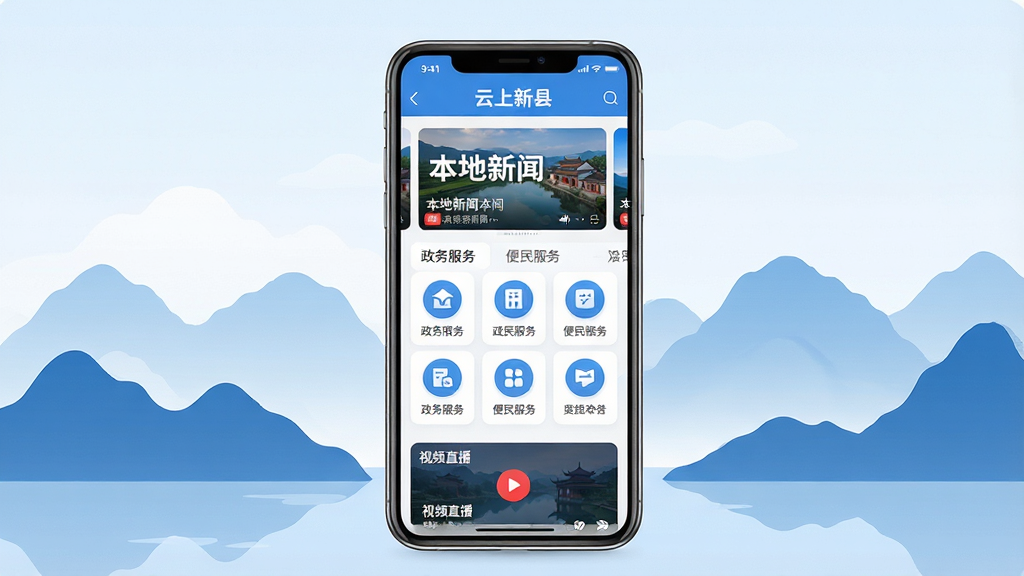 画面中央是一部竖屏智能手机,屏幕上显示“云上新县”应用主界面,顶部为本地新闻轮播图,中部为政务服务和便民服务图标矩阵,底部为视频直播入口。背景采用新县标志性山水轮廓剪影,整体布局上中下三层清晰分明。风格为清新扁平化UI设计,主色调为蓝色和白色,细节上图标圆润、文字清晰。画质高清,画面干净,无多余元素。