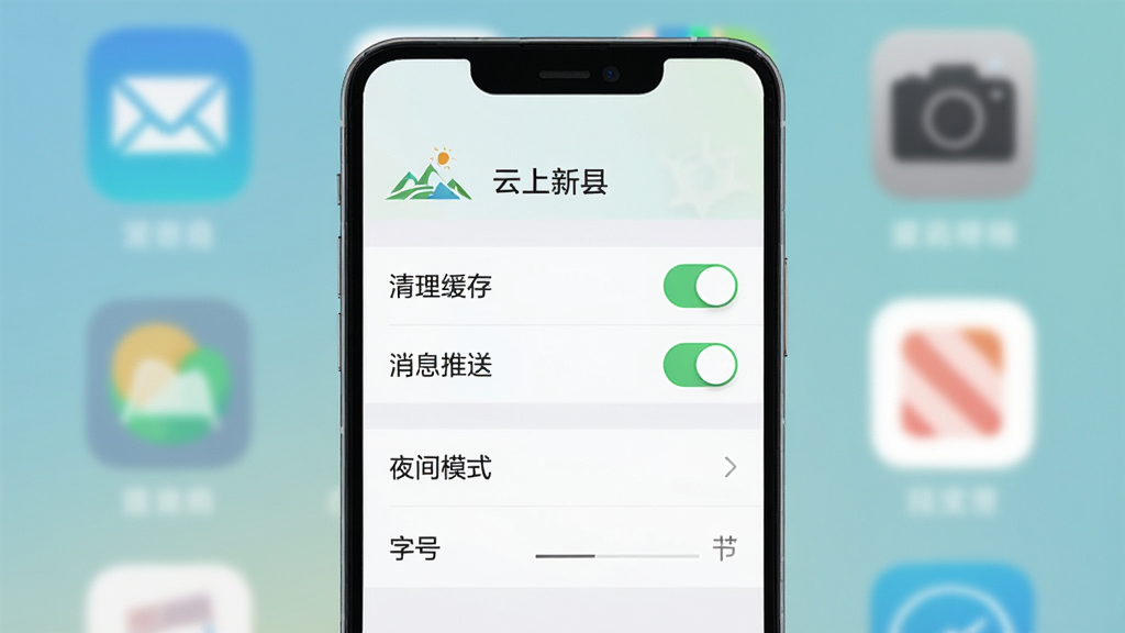 手机屏幕显示“云上新县”设置页面,包含清理缓存、消息推送开关、夜间模式、字号调节等选项,界面简洁。背景为抽象的手机系统设置图标虚化。风格为扁平化设置界面,色调淡雅。细节上开关按钮清晰、文字易读,画质高清,画面干净,无多余元素。