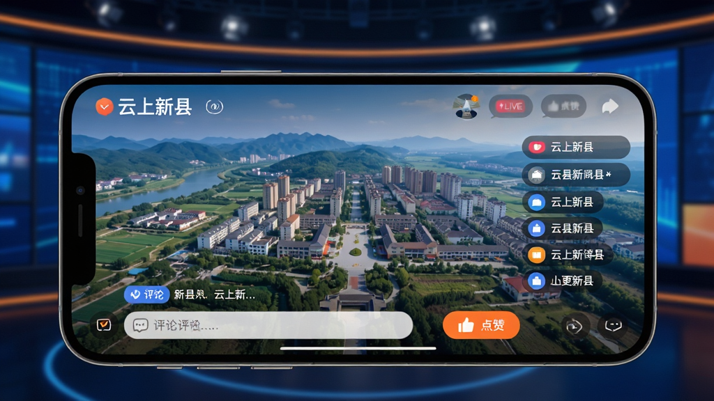 手机横屏显示“云上新县”视频直播界面,画面中为新县城市航拍全景,底部有评论输入框和点赞按钮,右侧有悬浮聊天列表。背景为演播室大屏氛围,主体为手机屏幕。风格为科技感直播UI,色调以深蓝和橙色为主。细节上画面流畅、按钮醒目,画质高清,画面干净,无多余元素。