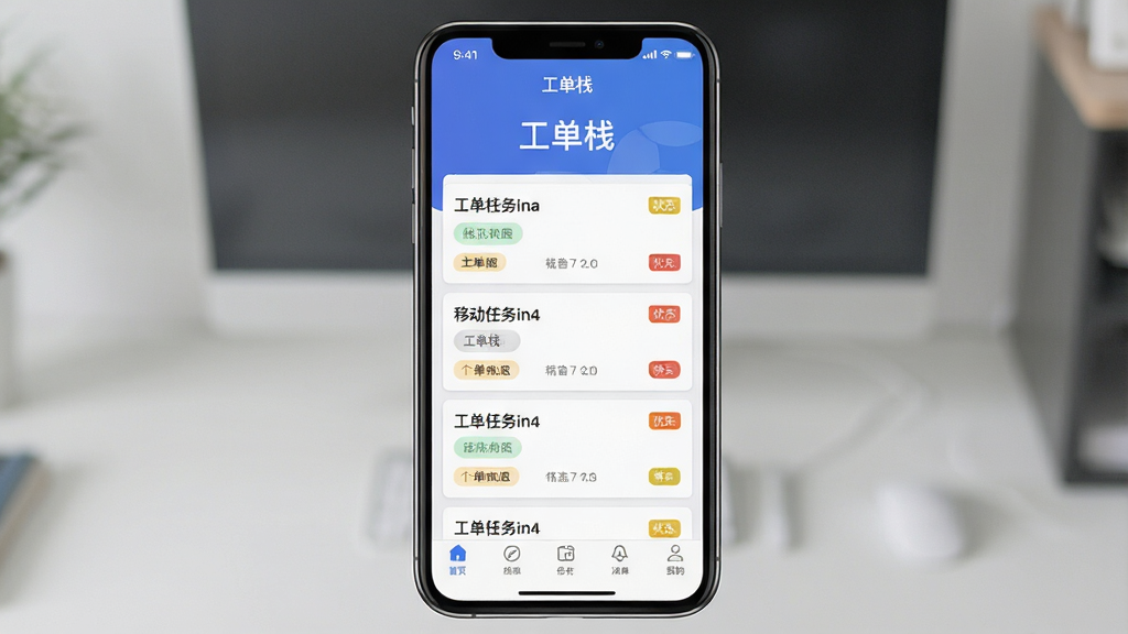 主体为一部智能手机,屏幕中显示工单栈移动端任务列表界面,布局为居中构图,上方是软件名称“工单栈”文字标识,下方整齐排列多张工单卡片,风格为现代扁平化科技风,细节包含状态标签、优先级色块、底部导航栏,画质清晰,干净,无多余元素