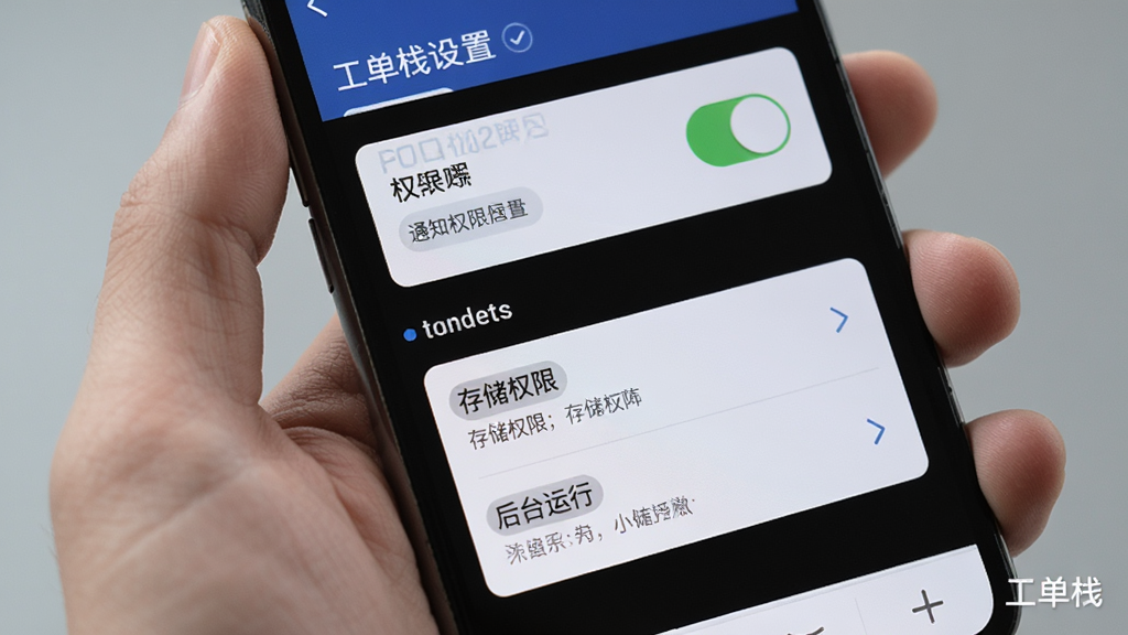 主体为一只手拿手机展示工单栈设置页面,布局为特写构图,屏幕中显示权限开关与存储选项,风格为写实科技风,细节包含通知权限、存储权限、后台运行等设置项,画面角落有“工单栈”小字,画质清晰,干净,无多余元素