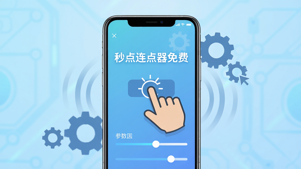 画面主体为一部现代智能手机,手机屏幕显示“秒点连点器免费”的软件操作界面,界面中有一个醒目的手指图标正在点击屏幕上的按钮,背景是浅蓝色的科技感渐变,布局采用居中构图,手机周围环绕着齿轮和点击波纹的抽象元素,风格为扁平化UI插画,细节包括清晰的功能按钮和参数调节滑块,画质为4K高清,干净整洁,无多余元素。