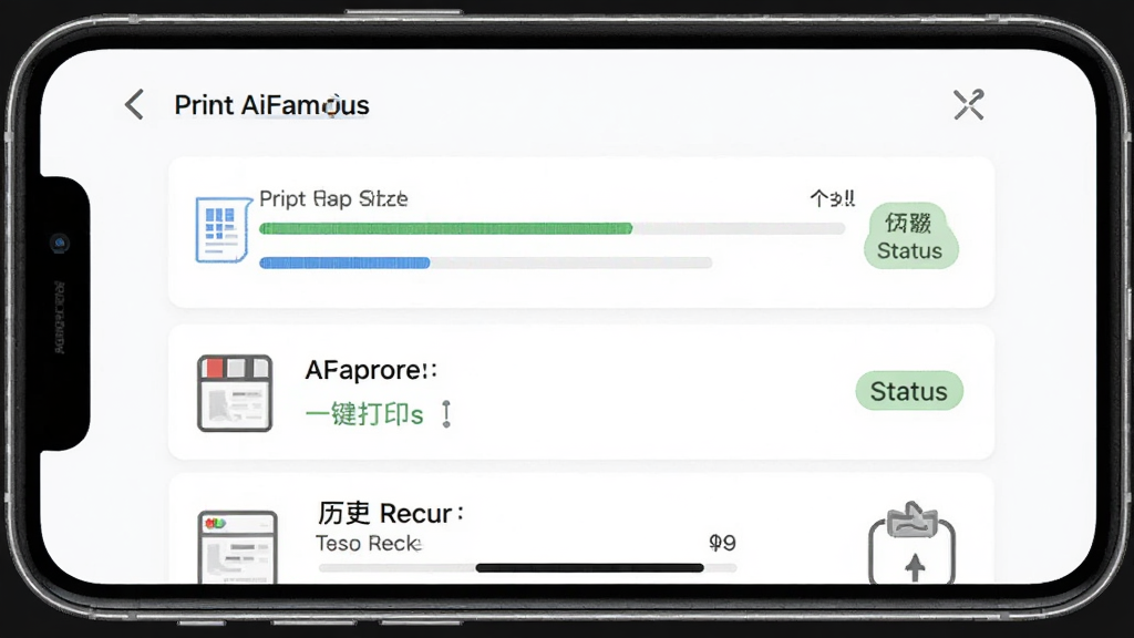 AiFamous 一键打印任务管理界面,手机屏幕显示打印任务列表,主体为任务管理面板,布局上下结构,排版清晰,风格为现代扁平化,细节包含打印进度条、任务状态标签、历史记录图标,画质高清,干净,无多余元素