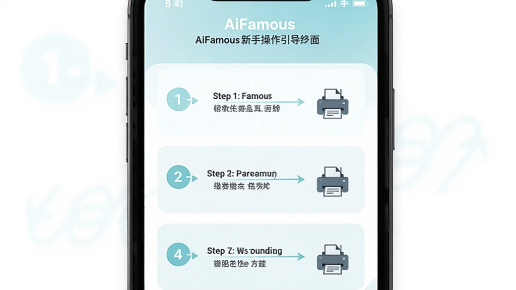 AiFamous 新手操作引导界面,手机屏幕显示分步操作指引,主体为教程步骤图,布局上下排列,排版清晰,风格为清新浅色系,细节包含步骤序号、箭头指引、打印机图标,画质高清,干净,无多余元素