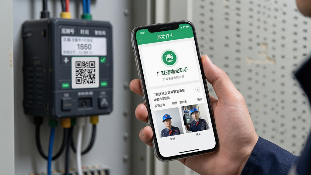 广联达物业助手智能巡检功能展示,主体为手持手机在配电房扫码巡检,布局为人物手部与设备特写,排版突出手机屏幕上的巡检打卡成功界面,风格写实工业风,细节包括设备编号、巡检时间、拍照记录,画质高清,干净,无多余元素