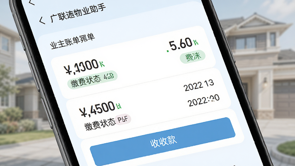广联达物业助手收费账单查询界面,主体为手机屏幕显示业主账单列表和收款按钮,布局为上下结构,排版整齐,风格清新浅色,细节包括金额数字、缴费状态标签、日期,画质高清,干净,无多余元素