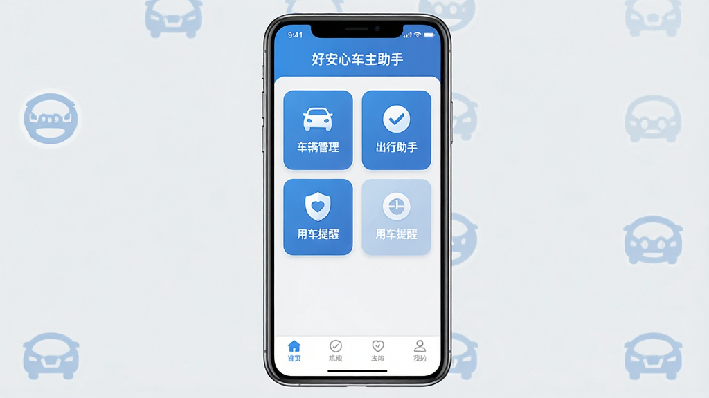 一张展示好安心车主助手软件主界面的手机截图风格图片,画面中央是一部竖屏智能手机,屏幕内显示好安心车主助手APP的首页界面,顶部有软件名称好安心车主助手字样,中部排列着车辆管理、出行助手、用车提醒等功能图标,底部为导航栏,整体布局简洁清晰,风格为扁平化科技蓝配色,细节包括图标圆角、卡片式布局、淡灰色背景,画质高清,干净,无多余元素