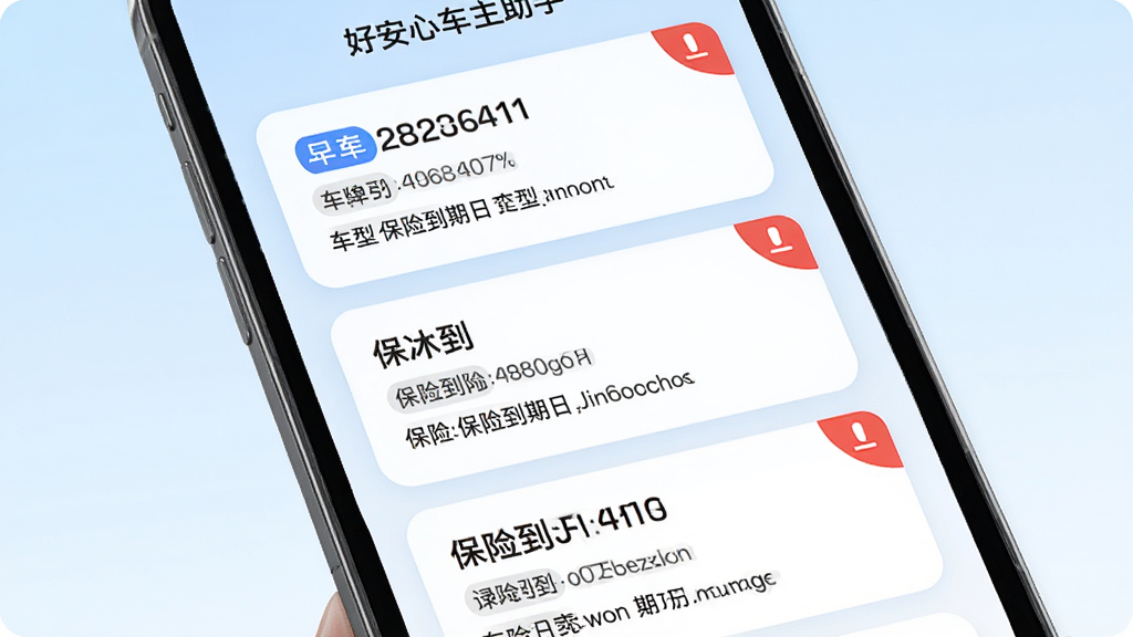 一部智能手机屏幕内展示好安心车主助手的车辆管理页面,画面中有三张车辆信息卡片纵向排列,每张卡片上标注车牌号、车型、保险到期日等信息,卡片右上角有红色提醒角标,界面风格为清新浅色系,圆角卡片设计,背景为淡蓝色渐变,整体布局整齐有序,画质高清,干净,无多余元素