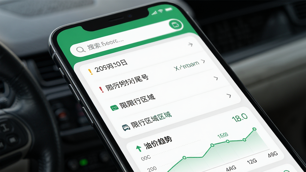 好安心车主助手出行辅助查询功能界面截图风格图片,手机屏幕内显示限行查询结果列表,包含日期、限行尾号、限行区域等信息,页面顶部有搜索框,底部有油价趋势小图表,整体风格为清爽白色搭配绿色点缀,排版简洁,画质高清,干净,无多余元素
