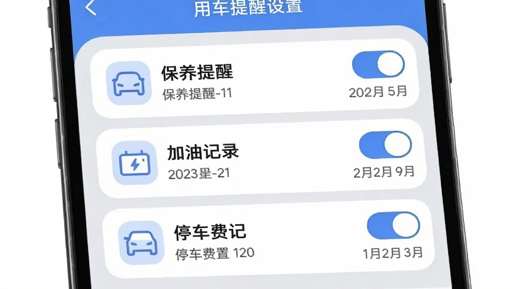 好安心车主助手用车提醒设置页面图片,手机屏幕内显示提醒事项列表,包含保养提醒、加油记录、停车费记录等条目,每条记录左侧有对应图标,右侧有开关按钮和日期显示,界面风格为柔和圆角设计,浅灰色背景搭配蓝色主色调,画质高清,干净,无多余元素