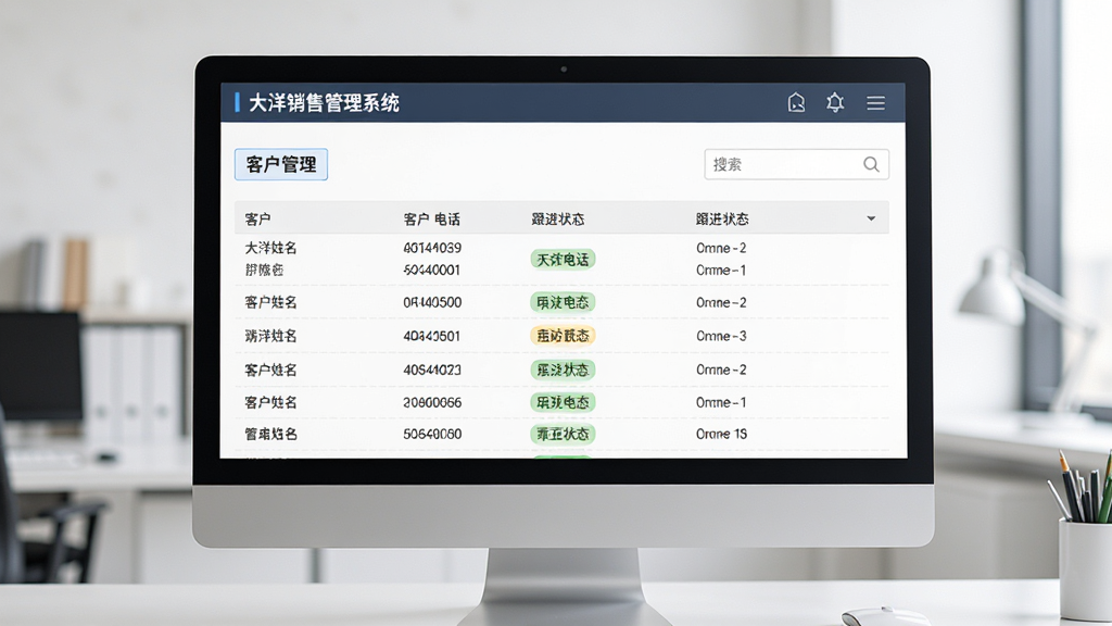 大洋销售管理系统客户管理界面展示图,主体为电脑屏幕中的客户列表页面,布局为居中展示,排版为表格式排列,风格为简洁商务风,细节包括客户姓名、电话、跟进状态标签、搜索框,画质高清,干净,无多余元素