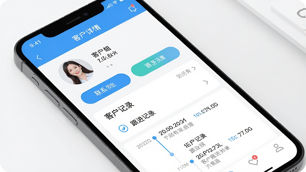 大洋销售管理系统移动端操作界面展示图,主体为手机屏幕中的客户详情页面,布局为上下滚动式排列,排版清晰,风格为清新移动端UI风,细节包括客户头像、联系按钮、跟进记录时间线,画质高清,干净,无多余元素