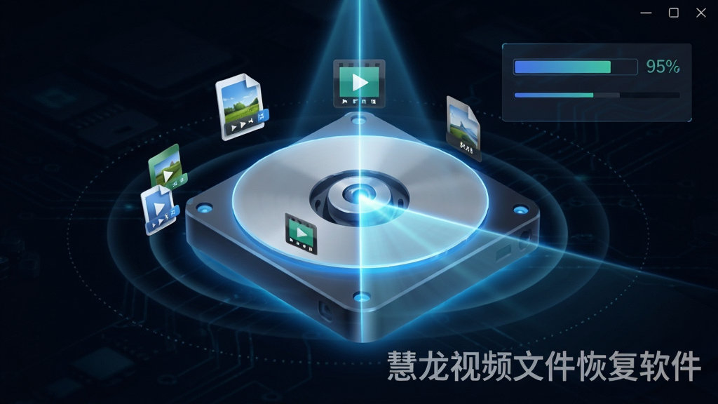 慧龙视频文件恢复软件深度扫描功能示意图,画面展示一个发光的磁盘正在被光束扫描,磁盘表面浮现出多个视频文件图标,软件名称“慧龙视频文件恢复软件”以半透明水印形式出现在右下角,布局为居中构图,风格为科技感深色背景,细节包括扫描波纹、文件缩略图、进度百分比,画质清晰,干净,无多余元素