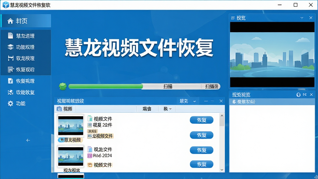 慧龙视频文件恢复软件主界面截图,画面中央是软件名称“慧龙视频文件恢复软件”的大字标题,下方展示扫描进度条与视频文件列表,左侧为功能菜单栏,右侧为预览窗口,整体布局清晰,风格为简洁科技蓝配色,细节包括文件缩略图、格式标签、恢复按钮,画质清晰,干净,无多余元素