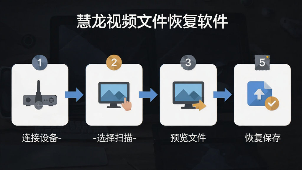 慧龙视频文件恢复软件新手操作流程图,画面以步骤形式展示“连接设备-选择扫描-预览文件-恢复保存”四个环节,每个环节配有小图标,软件名称“慧龙视频文件恢复软件”出现在流程图顶部,布局为横向排列,风格为扁平化信息图,细节包括箭头连接、步骤编号、设备图标,画质清晰,干净,无多余元素