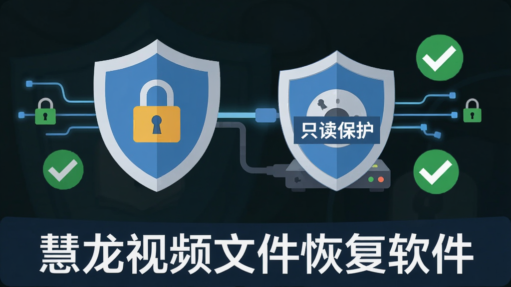 慧龙视频文件恢复软件安全恢复示意图,画面展示一个盾牌图标与磁盘连接,盾牌上写有“只读保护”字样,软件名称“慧龙视频文件恢复软件”出现在画面底部,布局为居中对称,风格为扁平化安全主题,细节包括锁形图标、数据流线条、绿色对勾,画质清晰,干净,无多余元素