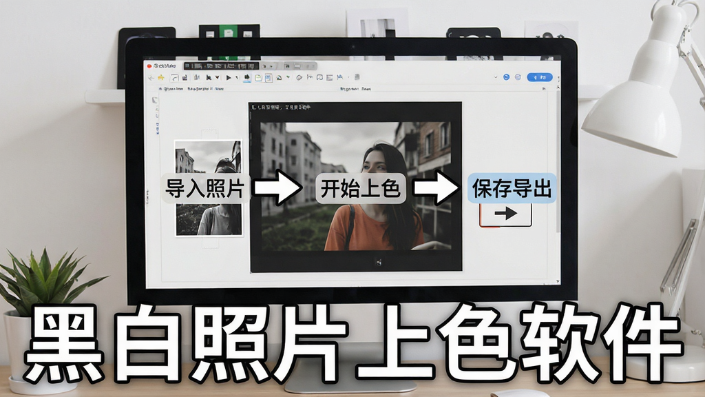 黑白照片上色软件的操作教程截图,画面中显示电脑屏幕上的软件界面,有箭头标注“导入照片”“开始上色”“保存导出”三个步骤,背景是整洁的桌面,风格清晰易懂,文字标注“黑白照片上色软件”