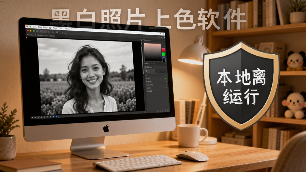 黑白照片上色软件的本地处理示意图,电脑屏幕显示软件正在处理照片,旁边有“本地离线运行”的盾牌图标,背景是家庭书房环境,整体风格温馨安全,文字标注“黑白照片上色软件”