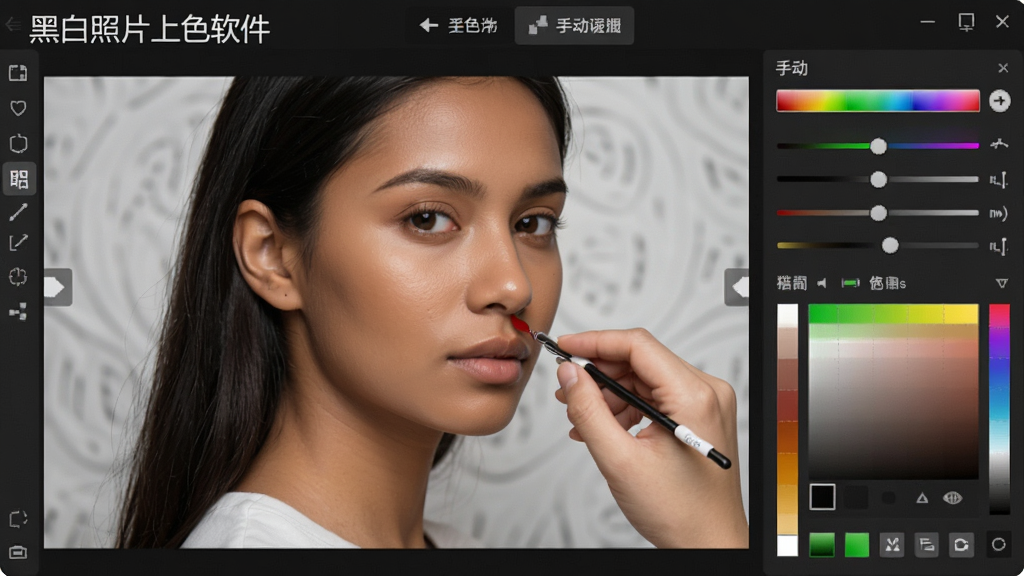 黑白照片上色软件的手动调色面板,界面中显示一张上色后的照片,右侧有色彩滑块和调色盘,用户正在微调人物肤色,整体布局清晰,风格专业,文字标注“黑白照片上色软件”