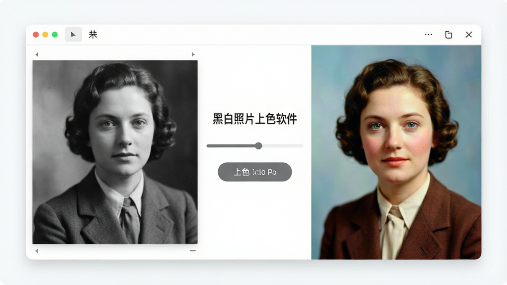 一张打开的黑白照片上色软件界面,左侧是黑白老照片原图,右侧是上色后的彩色效果,界面简洁明亮,中间有进度条和上色按钮,整体风格科技感与怀旧感结合,画面干净清晰,文字标注“黑白照片上色软件”