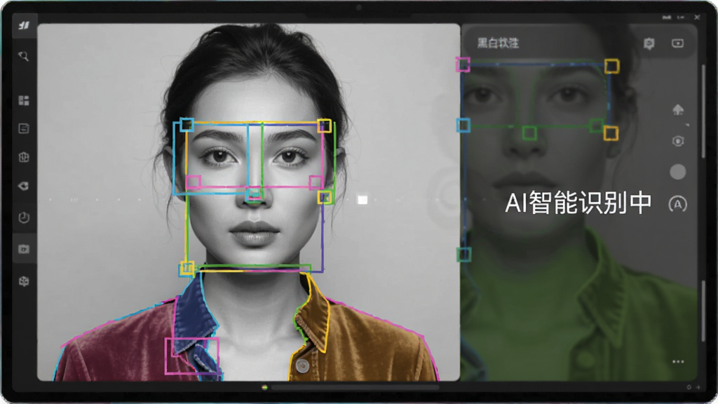 黑白照片上色软件的AI识别界面,屏幕中显示一张黑白人像照片,AI用不同颜色的方框标注出人脸、衣服、背景等区域,旁边有“AI智能识别中”的提示,整体风格科技简洁,画面干净,文字标注“黑白照片上色软件”