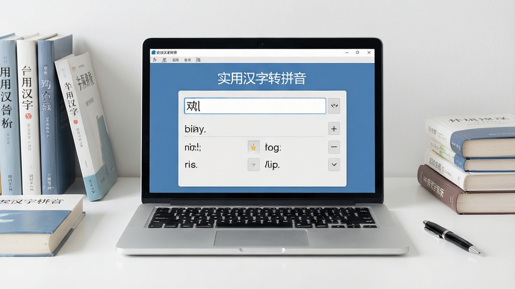 一张干净整洁的电脑桌面场景,画面中央放置一台打开的笔记本电脑,屏幕上显示着“实用汉字转拼音”软件界面,界面中包含汉字输入框和拼音输出结果区域,周围摆放着几本中文书籍和一支笔,整体布局简洁明了,风格为现代办公写实风,细节上屏幕文字清晰可见,画质高清,画面干净无多余元素