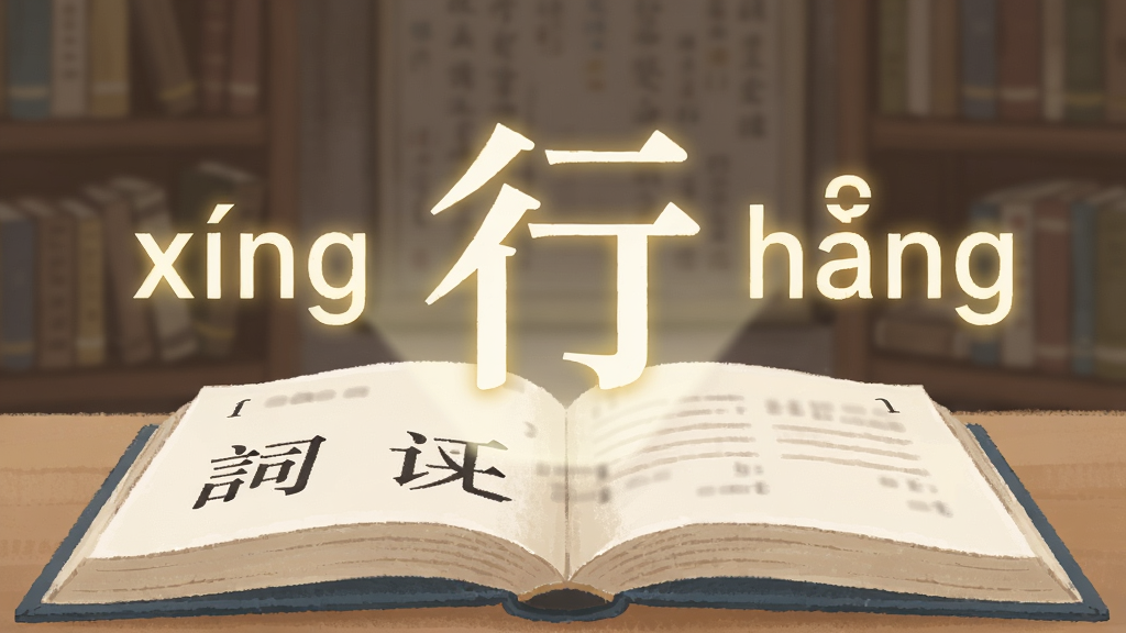 画面主体是一本翻开的汉语词典,词典页面上方悬浮着发光的汉字“行”字,两侧分别延伸出“xíng”和“háng”两个拼音标注,背景是柔和的书房环境,布局采用中心对称构图,风格为知识科普插画风,细节上拼音字母带有微光效果,画质清晰,画面干净无多余元素