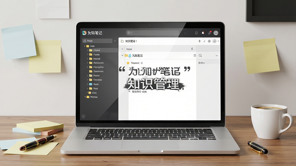 为一知笔记设计一张主视觉图,画面中央是一台打开的笔记本电脑,屏幕显示为知笔记的目录树界面,左侧是分类文件夹,右侧是笔记正文,电脑旁边散落着便签纸、钢笔和一杯咖啡,背景是整洁的书桌,整体布局居中对称,风格为现代简约商务风,细节包括屏幕反光、纸张纹理、木质桌面质感,画面中文字必须加引号:
