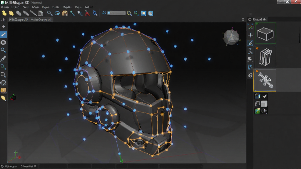 电脑屏幕中显示MilkShape 3D正在编辑一个机械头盔模型,模型表面显示蓝色顶点和橙色边线,右侧工具栏高亮显示挤出和焊接图标,背景是深色软件界面,风格为数字艺术创作场景,细节丰富,画质清晰,干净无多余元素
