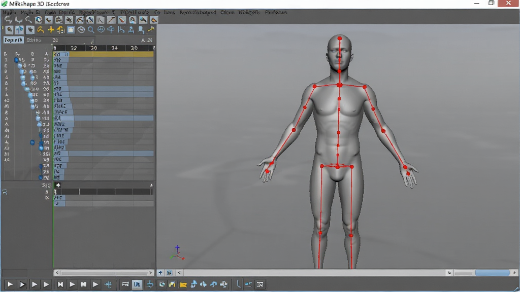 MilkShape 3D软件界面中显示一个灰色人形模型,模型内部有红色骨骼线条,时间轴面板上排列着多个关键帧,界面底部显示播放控制按钮,整体风格为专业软件截图,细节清晰,画质锐利,干净无多余元素
