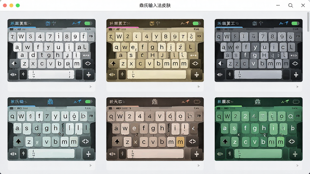 一张展示鼎氏输入法皮肤设置界面的示意图,画面中排列着多款不同颜色的输入法皮肤预览,背景为浅灰色设置面板,布局为网格排列,排版整齐,风格为清爽简约风,细节上突出每款皮肤的配色差异与状态栏样式,画质为高清,画面干净无多余元素。