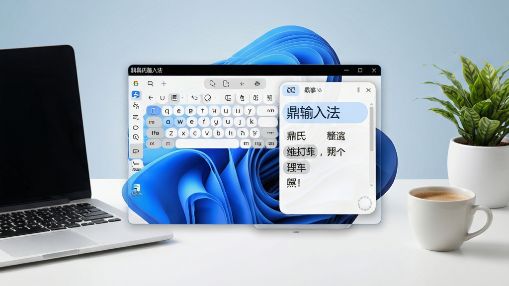 一张展示鼎氏输入法软件界面的全景图,画面中央是简洁的输入法状态栏与候选词窗口,背景为Windows桌面环境,左侧摆放着一台银色笔记本电脑,右侧有一杯咖啡和一盆绿植,整体布局干净整洁,排版采用居中构图,风格为现代科技简约风,细节上突出输入法候选框的圆角设计与清晰字体,画质为高清2K,画面干净无多余元素。