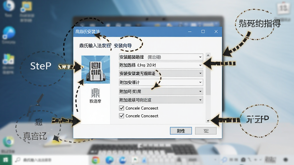 一张展示鼎氏输入法安装向导界面的截图风格图,画面中安装窗口居中显示,周围有箭头标注关键步骤,背景为模糊的电脑桌面,布局为教程图解式排版,风格为清晰指导风,细节上突出安装路径选择与附加选项取消勾选的位置,画质为高清,画面干净无多余元素。