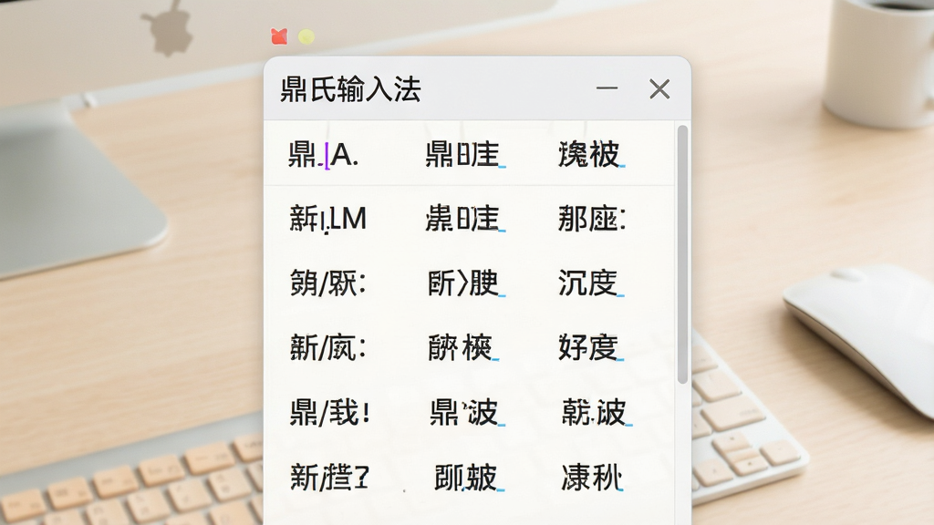 一张展示鼎氏输入法智能联想功能的特写图,画面主体是输入法候选词面板,面板上显示多个候选词语并按使用频率排列,背景为浅色办公桌面,布局为居中特写,排版简洁,风格为清新商务风,细节上突出候选词的清晰度与排列逻辑,画质为高清,画面干净无多余元素。