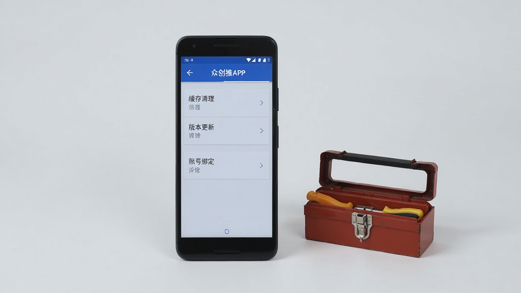 一部安卓手机屏幕上显示众创推APP的设置界面,界面中包含缓存清理、版本更新、账号绑定等选项,手机旁边放着一个小工具箱,象征问题解决与维护,背景为浅灰色,风格简约实用,画质清晰,干净,无多余元素