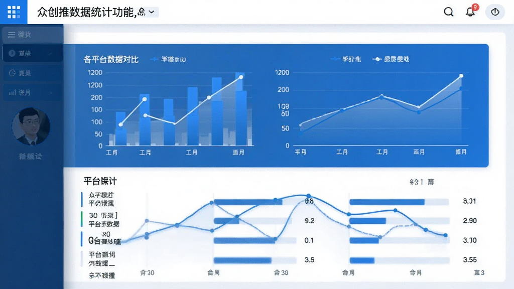 一幅展示众创推数据统计功能的界面截图风格图片,画面中一部手机屏幕上显示着柱状图和折线图,图表下方有各平台数据对比列表,整体色调为蓝白搭配,风格商务专业,画质清晰,干净,无多余元素