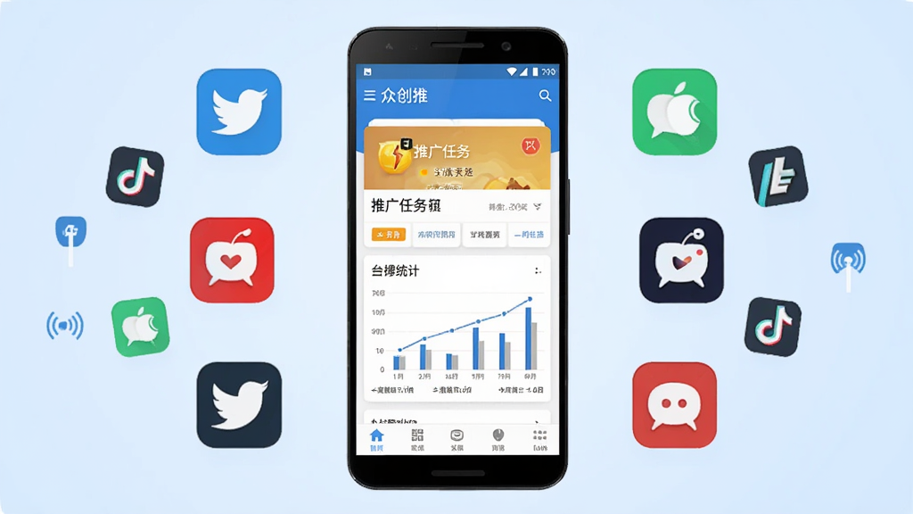 一张展示众创推软件主界面的手机预览图,画面中央是一部安卓手机,手机屏幕上显示众创推APP的首页布局,包含推广任务卡片、数据统计图表和底部导航栏,手机周围环绕着多个社交平台图标,代表多平台分发功能,背景为浅蓝色渐变,整体风格简洁商务,画质清晰,干净,无多余元素