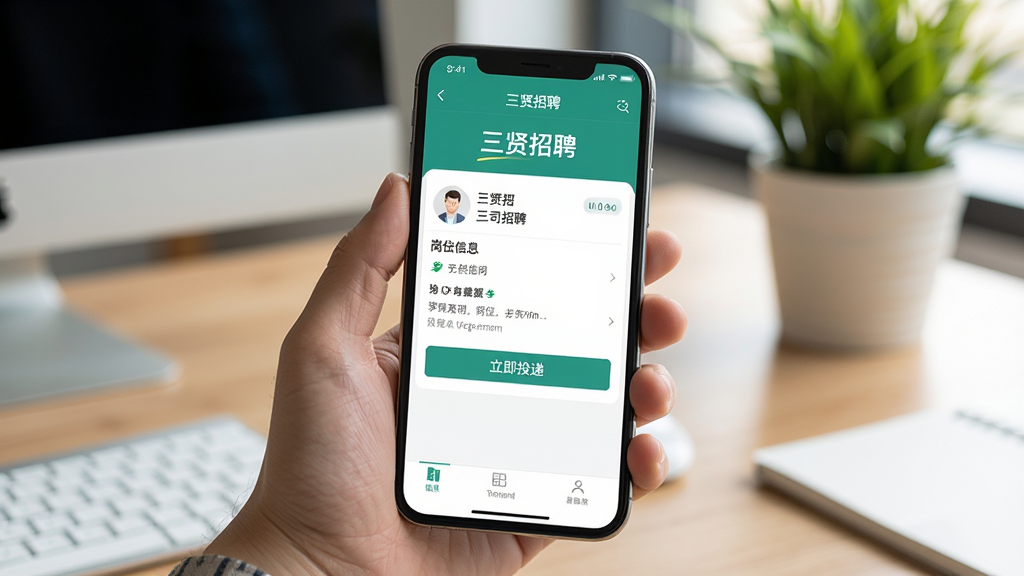 一张展示用户操作招聘应用的图片,画面中一只手拿着手机,屏幕上显示“三贤招聘”应用的岗位详情页,包含“立即投递”按钮和公司信息,背景为办公桌和绿植,风格生活化,细节清晰,画质干净,无多余元素