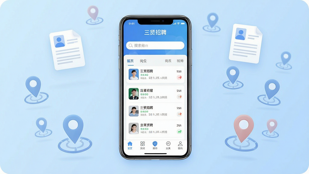 一张展示手机招聘应用界面的图片,画面中央是手机屏幕,屏幕上显示“三贤招聘”应用的主页,包含搜索框、岗位列表和底部导航栏,背景为浅蓝色渐变,周围点缀简历图标和定位图标,风格简洁现代,细节清晰,画质干净,无多余元素