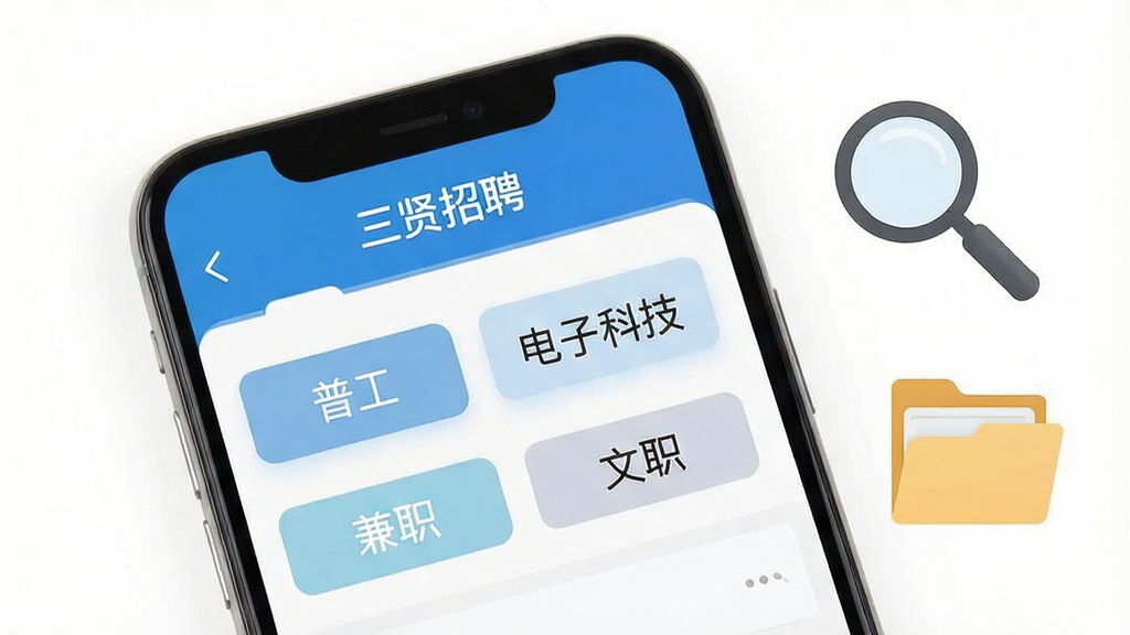 一张展示招聘信息分类的图片,画面中为手机屏幕显示“三贤招聘”应用的岗位分类页面,包含“普工”“电子科技”“兼职”“文职”等标签,屏幕旁有放大镜和文件夹图标,背景为白色,风格清爽,细节清晰,画质干净,无多余元素
