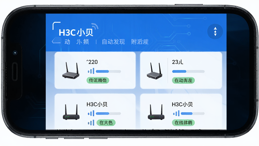 主体是手机屏幕显示H3C小贝自动发现附近路由器设备的列表界面,布局为上下结构,排版为标题加设备卡片列表,风格为扁平化科技蓝风格,细节包含设备图标、信号强度条、在线状态标签,画质高清,干净,无多余元素